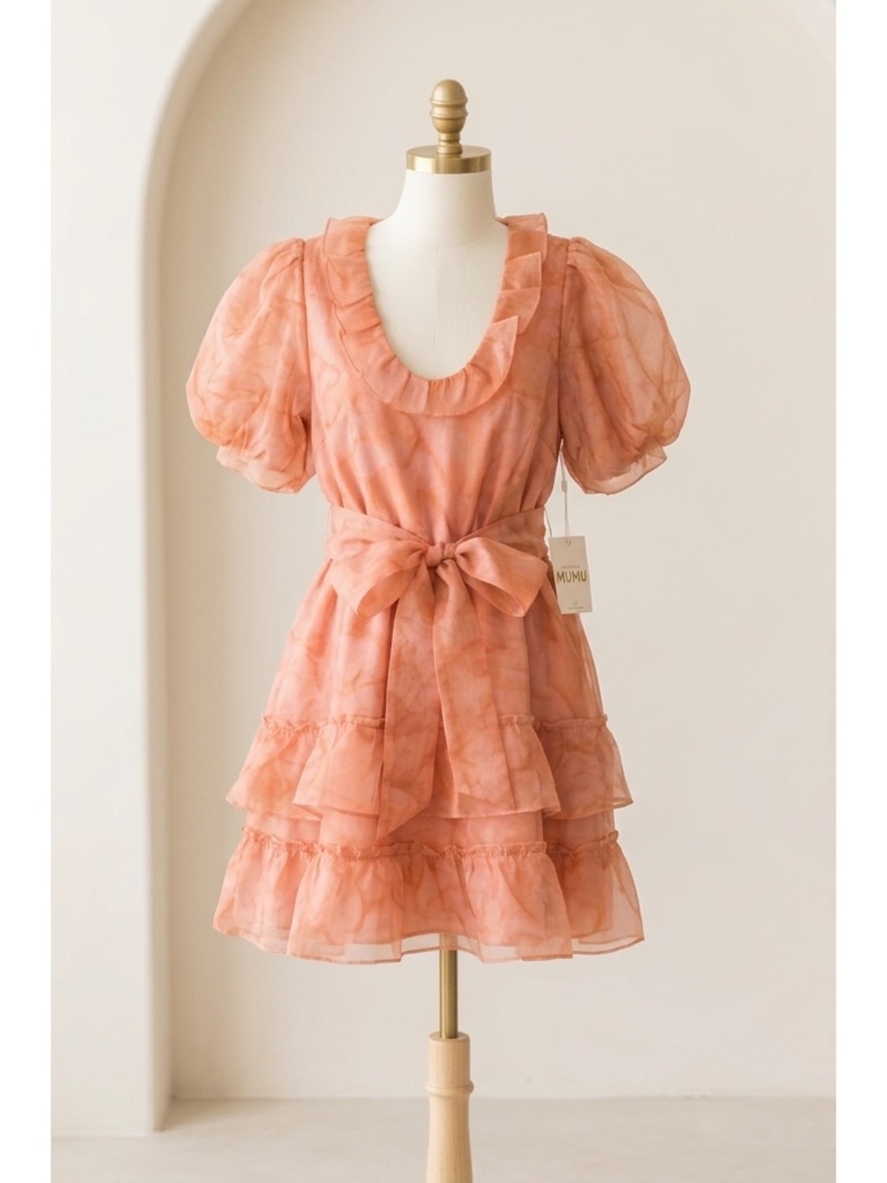Show Me Your MuMu Peach Tie-Waist Ruffled Mini Dress